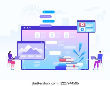 Modern Education And Virtual Learning Concept. Students With Laptops Sitting Behind Interactive Board With Data. Digital, Mobile, E-learning, Flipped Class, Smart Classroom.Vector Illustration.