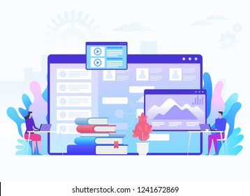 Modern Education And Virtual Learning Concept. Students With Laptops Sitting Behind Interactive Board With Data. Digital, Mobile, E-learning, Flipped Class, Smart Classroom. Vector Illustration.