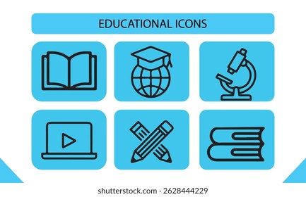 Modern Educational Icons Pack Featuring Books, Tools, and Global Learning