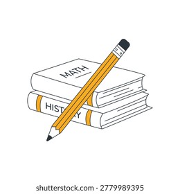 Modern educational line art featuring a stack of math and history books with a pencil, ideal for back to school and studying concepts.