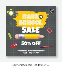 Modern educational social media post, banner, ads template for back to school party and school admission advertisements, online learning web banner, educational supplies elements background