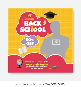 Modern educational social media post, banner, ads template for back to school party and school admission advertisements; online learning web banner; square poster educational supplies elements 