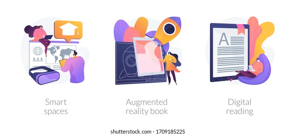 Modern Educational Technology Abstract Concept Vector Illustration Set. Smart Spaces, Augmented Reality Book, Digital Reading, AI In Education, Digital Content, E-classroom App Abstract Metaphor.