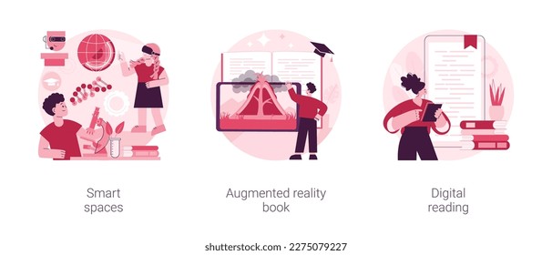 Modern educational technology abstract concept vector illustration set. Smart spaces, augmented reality book, digital reading, AI in education, digital content, e-classroom app abstract metaphor.