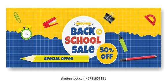 Modern Educational Website Header Vector Template with Back to School School Supplies for School Admission Social Media Banner and Student Enrollment Promotion Featuring Classroom Learning Accessories Trendy Stationery Elements Creative Academic Design for University Online Education Courses Webinar Marketing Kids School and Professional Training Advertising Campaigns