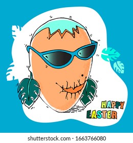 A modern egg with sunglasses and tropical plant leaf earrings by the sea celebrates Easter. Cracked shell.The text Happy Easter is available in various colors. Easter greeting card. Hand drawn vector