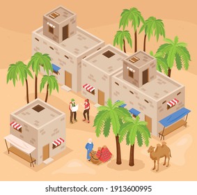 Modern egypt tourist attractions isometric background composition with visitors exploring kings valley and camel ride vector illustration 