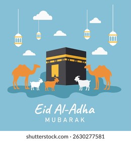 Modern Eid al-Adha Festival Illustration Banner Featuring Holy Kaaba, Desert Animals, and Islamic Lanterns – Perfect for Islamic Holiday Promotions and Greetings