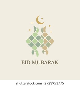 Cartão de saudação Eid Mubarak moderno com pastel Ketupat, lua crescente e estrelas. Ilustração vetorial plana minimalista perfeita para a celebração do Eid al-Fitr e mídias sociais.