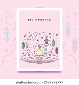 Modern Eid mubarak line art template vector illustration mosque crescent lantern greeting card background 