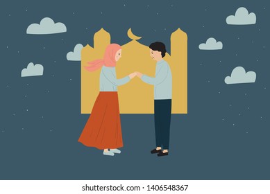Modern Eid Mubarak Muslim Couple. For landing page, ui, web, blog,greeting card, social media, banner.