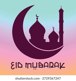Modern Eid Mubarak vector with mosque silhouette and crescent moon. Ideal for Islamic holiday greetings, posters, banners, and digital designs.