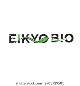 Modern Eikyo Bio logo design featuring bold, clean typography with a green leaf and flowing line integrated into the text. The design combines elements of nature and biotechnology, symbolizing growth,