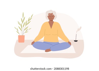 Mujer africana de edad avanzada moderna con piernas cruzadas y ojos cerrados meditando en casa. Niña mayor sentada en una acogedora habitación y practicando yoga, meditación consciente, ejercicios de control de la respiración. Vector.