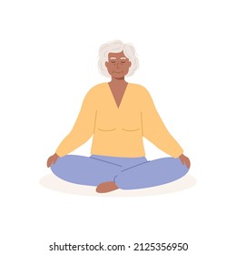 Modern elderly african woman with crossed legs and closed eyes meditating. Senior old granny sitting and practicing yoga, mindfulness meditation, breath control exercises. Vector flat illustration.