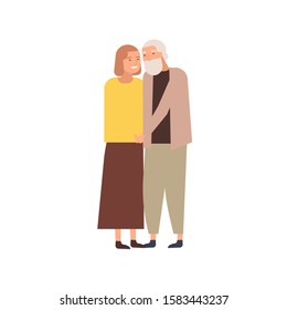 Modern elderly couple flat vector illustration. Aged marrieds, wedded pair, husband and wife in years. Relationship, love and fondness concept. Hugging old man and woman cartoon characters.