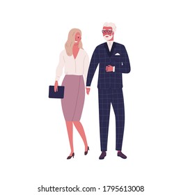 Una pareja de ancianos moderna se toma de la mano y camina juntos. Una mujer y un hombre elegantes enamorados, con un traje y un vestido de moda. Ilustración de dibujos animados vectoriales planos aislados en fondo blanco