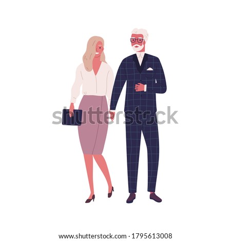 Modern elderly couple holding hands and walking together. Stylish woman and man in love, wearing trendy formal dress and costume. Flat vector cartoon illustration isolated on white background