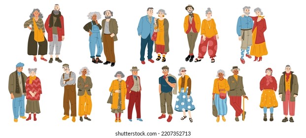 parejas de adultos mayores modernas, gente de moda. Personajes masculinos y femeninos vestidos de moda. Ancianos o ancianas con estilo aislados, pensionistas de edad elegante, ilustración vectorial plana lineal de dibujos animados