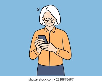 Modern elderly grandmother using cellphone. Cool mature grandma look at smartphone screen holding gadget surfing internet. Vector illustration. 