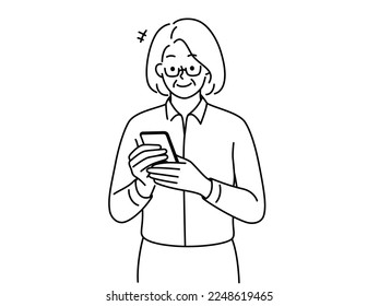 Modern elderly grandmother using cellphone. Cool mature grandma look at smartphone screen holding gadget surfing internet. Vector illustration. 