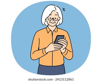 Modern elderly grandmother using cellphone. Cool mature grandma look at smartphone screen holding gadget surfing internet. Vector illustration.