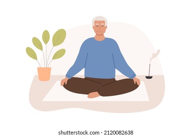 Modern Elderly Man With Crossed Legs And Closed Eyes Meditating At Home. Senior Old Male Person Practicing Yoga, Mindfulness Meditation And Breath Control Exercises. Vector Illustration In Flat Style.