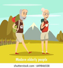 Modern elderly people background with camping  symbols cartoon vector illustration 