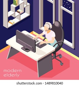 Modern elderly people isometric background illustrated senior woman with headset working at laptop vector illustration