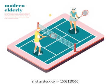 Modern elderly people isometric composition with male and female persons playing tennis on court vector illustration