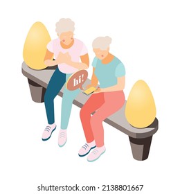 Modern elderly people isometric composition with human characters of old women sitting on bench vector illustration