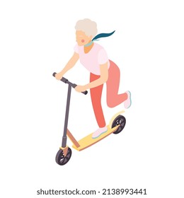 Modern elderly people isometric composition with human character of old woman riding kickboard vector illustration