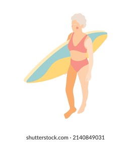 Composición isométrica moderna de las personas de edad avanzada con carácter humano en bikini con ilustración vectorial de tabla de surf