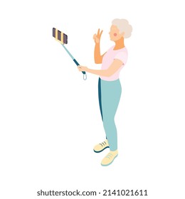 Composición isométrica de los ancianos modernos con carácter humano de la anciana con ilustración vectorial de palo selfie