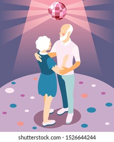 Modern elderly people isometric vector illustration with couple of pensioners dancing in night club scene