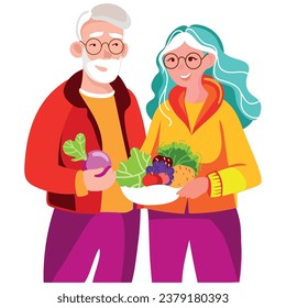 Modern elderly vegan couple holding fresh vegetables and fruits in their hands vector illustration.Healthy eating for seniors.Senior man and woman with many different vegetables isolated illustration