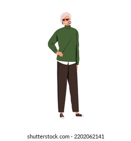 Mujer anciana moderna con ropa informal de moda. Feliz sonriente anciana con ropa elegante. Personaje femenino senior con gafas de sol. Ilustración vectorial gráfica plana aislada en fondo blanco