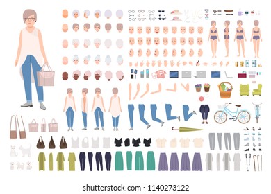 Modern elderly woman or old lady DIY kit. Bundle of grandmothers's body parts, hand gestures, stylish clothing isolated on white background. Front, side and back views. Cartoon vector illustration.