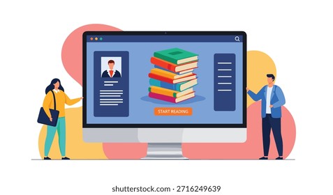 Concepto moderno de aprendizaje electrónico que muestra a dos personas de pie junto a una Grande pantalla de computadora que muestra una pila de libros y un perfil de usuario.