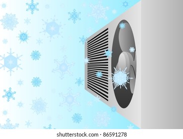 Modern electric appliance for air cooling. Conditioner on the background of falling snowflakes.