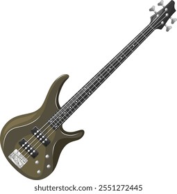 modern electric bass guitar with a dark metallic finish, featuring four strings, a double-cutaway body design, and detailed components such as tuning pegs, pickups, and control knobs