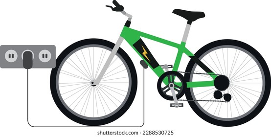 La bicicleta eléctrica moderna cargando sus baterías con cable de toma de pared. Estación de bicicletas EV. Ilustración vectorial de estilo plano aislada en fondo blanco.