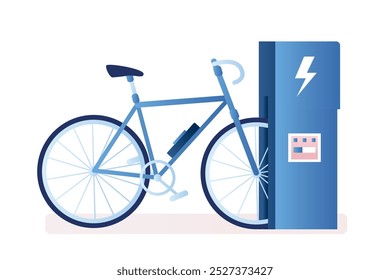 Modern electric bike and charging station. Green technology concept. Eco vehicle in trendy style. Isolated on white background. Flat vector illuatration