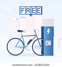 Modern electric bike and charging station. Free charge and green technology concept. Eco vehicle in trendy style. Urban view on background. Flat vector illuatration