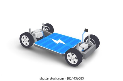 Modern electric car battery modular platform board scheme with bodywork wheels. Electric skateboard module chassis components battery pack, motor powertrain, controller. Isolated vector illustration.