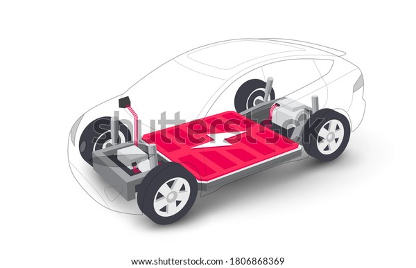 ボディーワークホイールを備えた現代の電気自動車のバッテリーモジュラー式プラットフォームボードの設計 電気スケートボードモジュールのシャーシコンポーネントバッテリパック モーターパワートレイン コントローラ 分離型ベクターイラスト のベクター画像素材