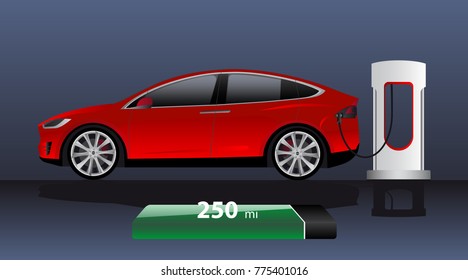 Modern electric car charging at the charger station with indicator of power reserve. Vector illustration EPS 10