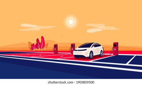 Modern electric car charging on empty charger station at highway road rest area. Battery vehicle standing on dedicated parking lot landscape. Vector illustration in cartoon style. Long distance travel