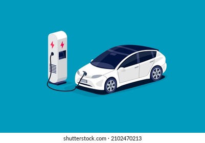 Modern electric car charging parking at the charger station with a plug in cable. Isolated flat vector illustration with fast charge stall and plug in cable. Electrified transportation e-motion.