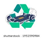Modern electric car chassis design battery modular platform skateboard module pack board with green recycling symbol sign.  Recycle vehicle components battery cell pack, motor powertrain, controller.